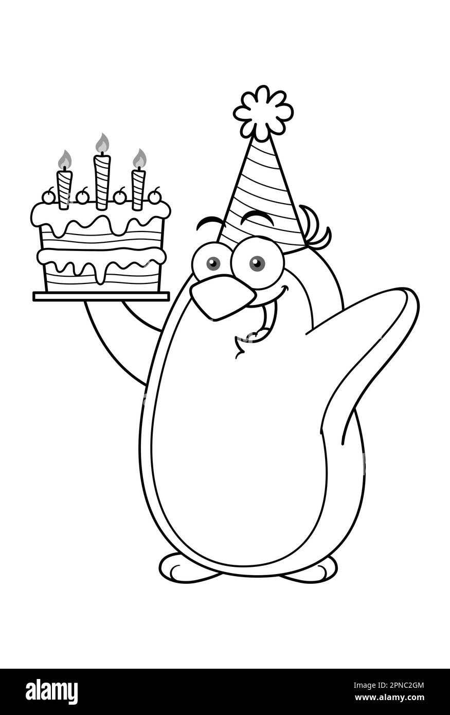 Cartoon Penguin Mascot Character Holding Birthday Cake Outline Stock