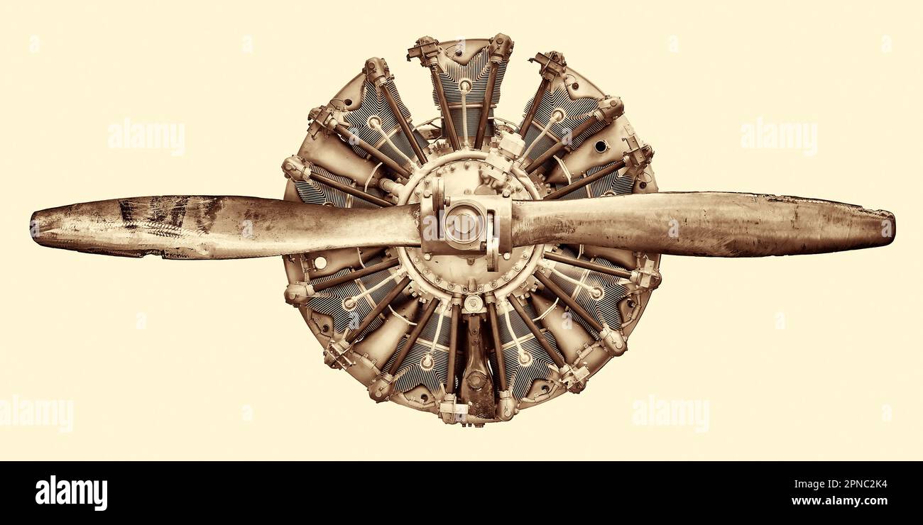 Retro styled image of an ancient airplane engine with propeller Stock Photo