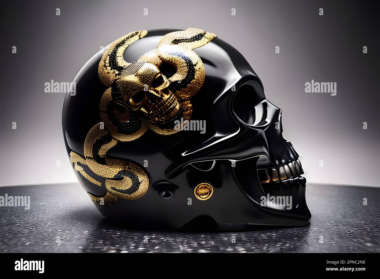 A human skull wearing a black and gold serpentine headdress, with the snakes intertwined around the helmet Stock Photo