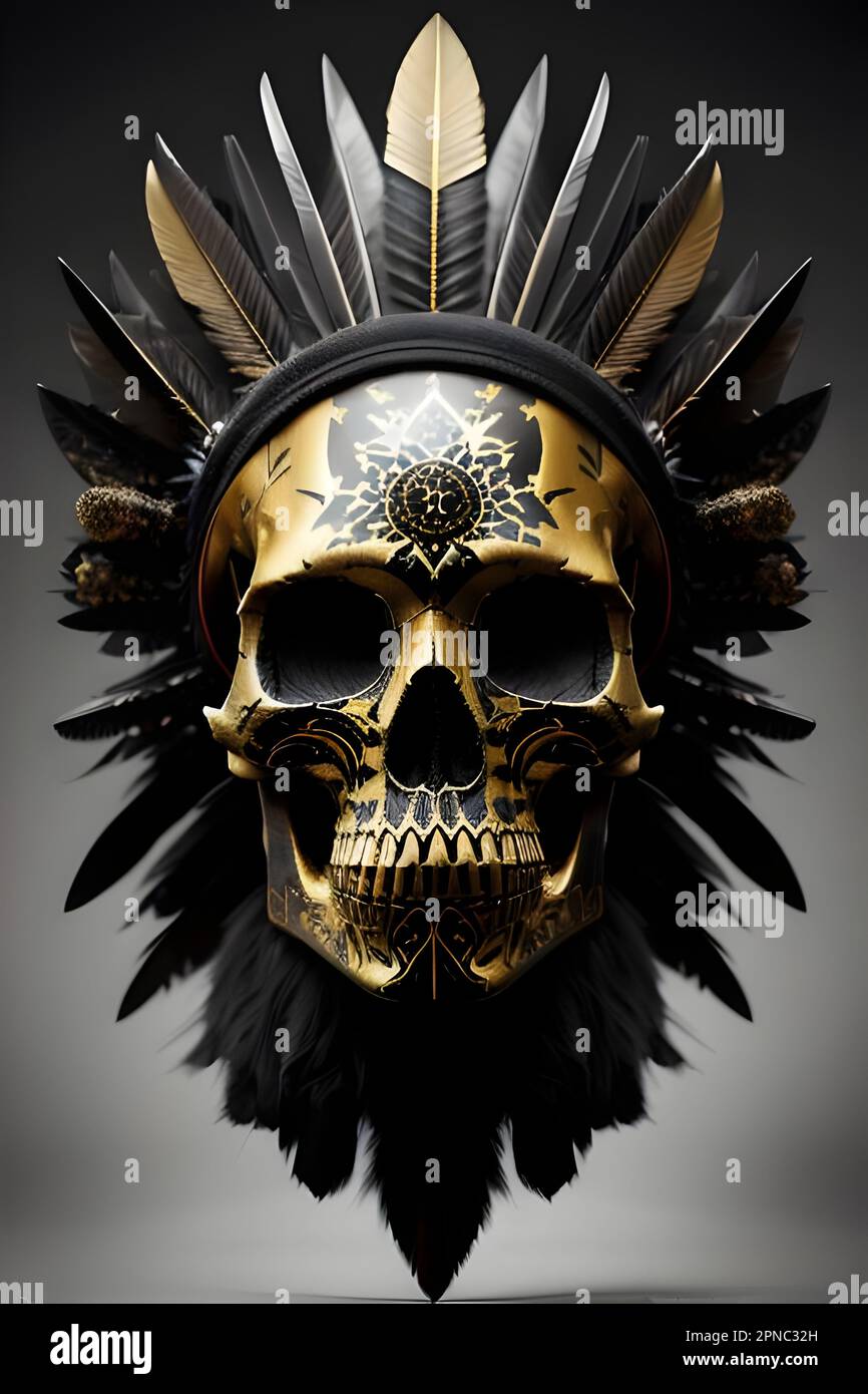 A human skull wearing a traditional Native American feathered headdress, set against a black background Stock Photo