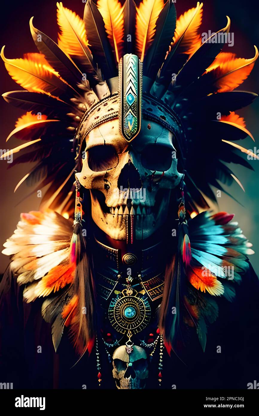 An image of a human skull adorned with feathers and a headdress Stock Photo