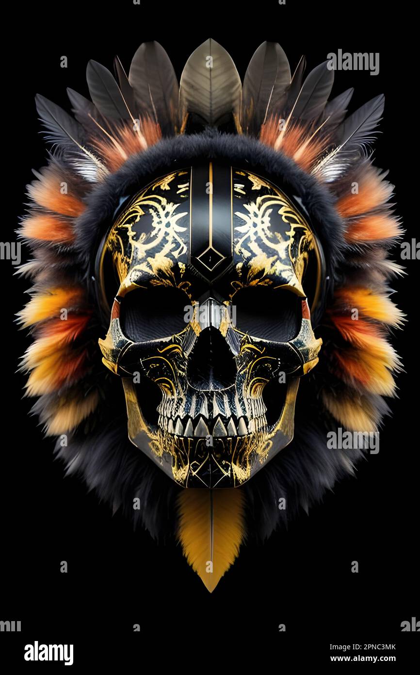 A white, human skull wearing a gold-colored decorative headdress adorned with feathers Stock Photo