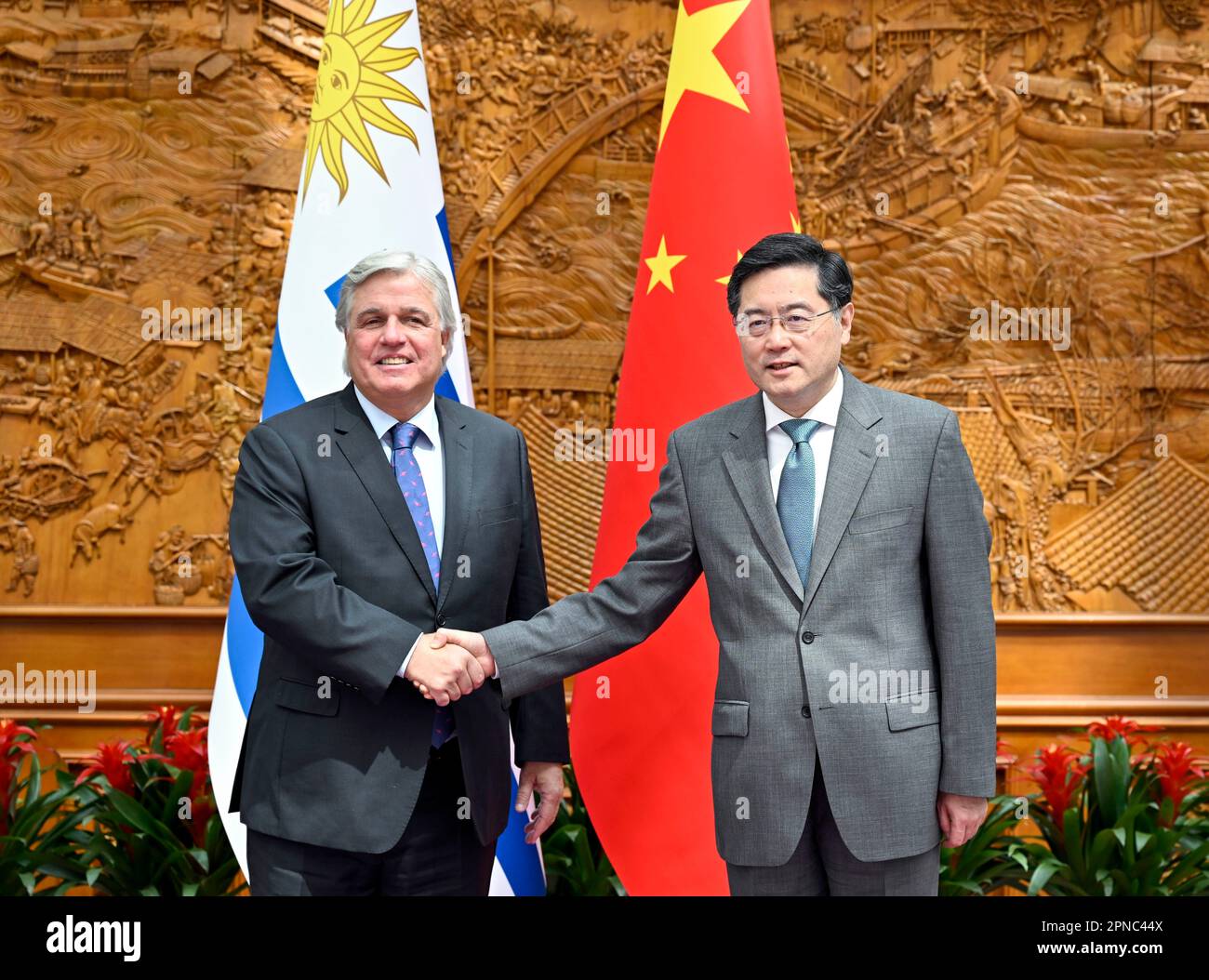 Beijing, China. 18th Apr, 2023. Chinese State Councilor and Foreign Minister Qin Gang holds talks with Francisco Bustillo Bonasso, Uruguay's minister of foreign affairs, in Beijing, capital of China, April 18, 2023. Credit: Yin Bogu/Xinhua/Alamy Live News Stock Photo