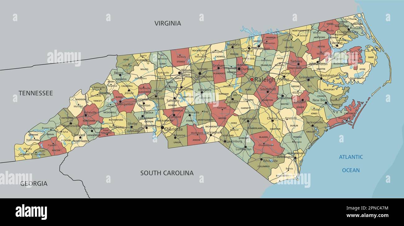 North Carolina - Highly detailed editable political map with labeling