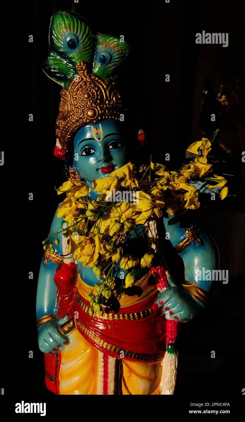 Blue idol of Lord Krishna/Cassia fistula/Golden shower flowers/Vishu