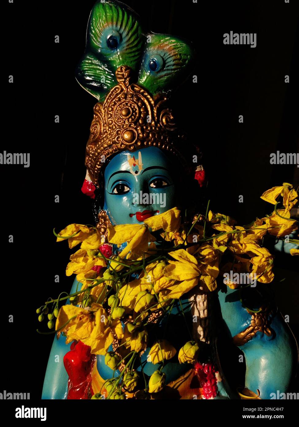 Blue idol of Lord Krishna/Cassia fistula/Golden shower flowers/Vishu