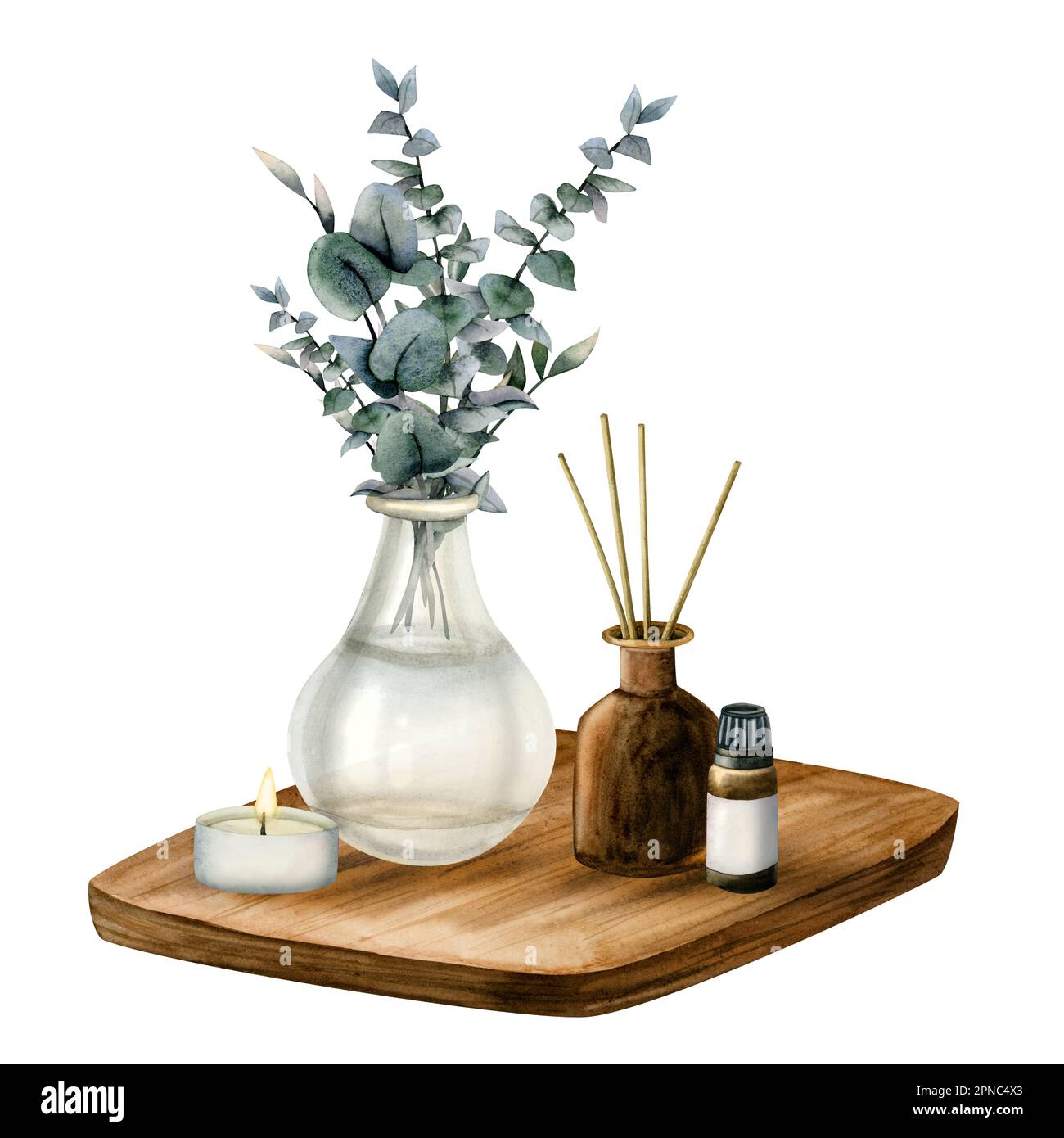 Watercolor aroma diffuser bottle with sticks, essential oil, candle and eucalyptus bouquet in