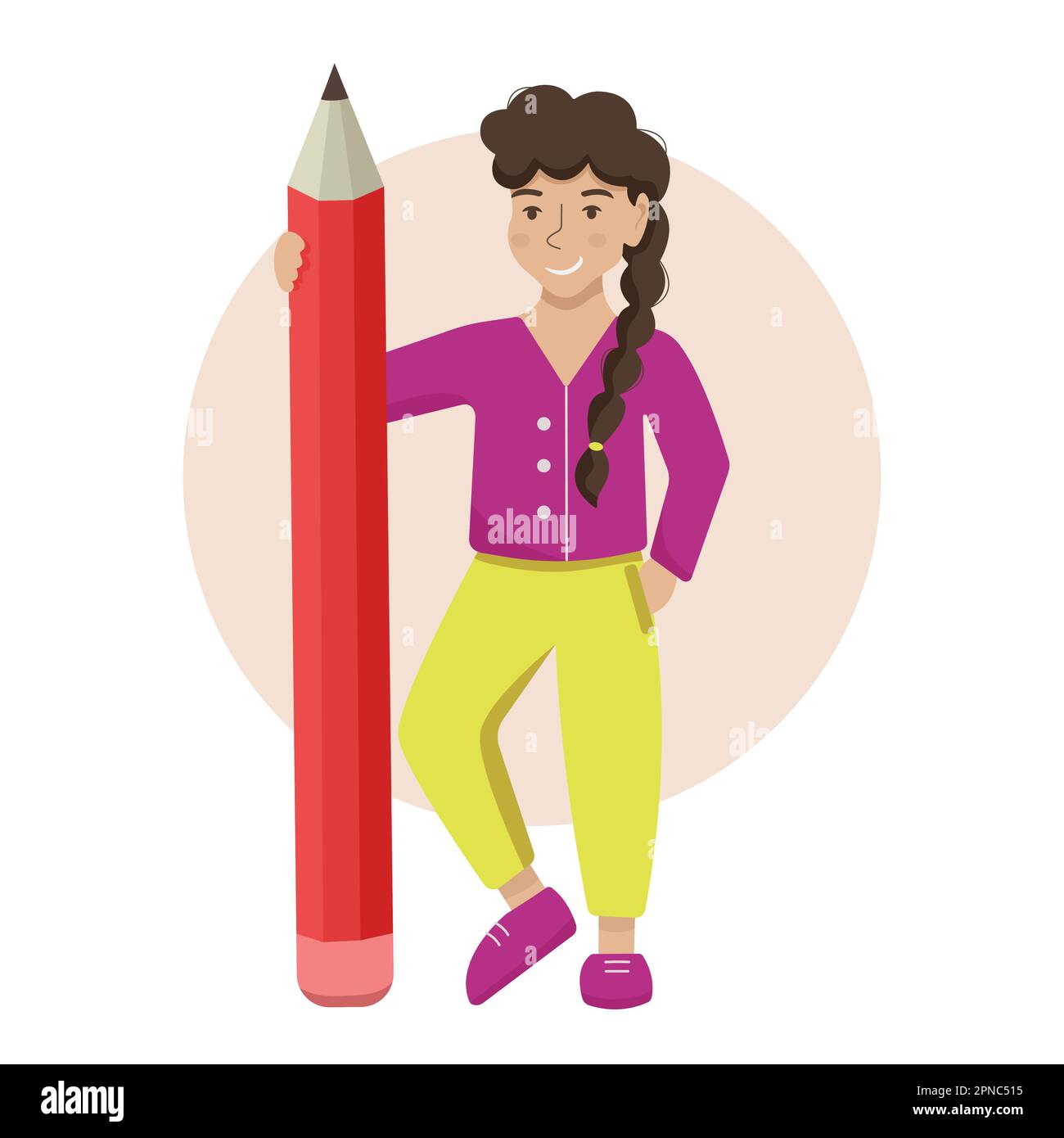 Flat cartoon happy character student girl standing with a big pencil. Education concept. Vector illustration isolated on white background Stock Vector