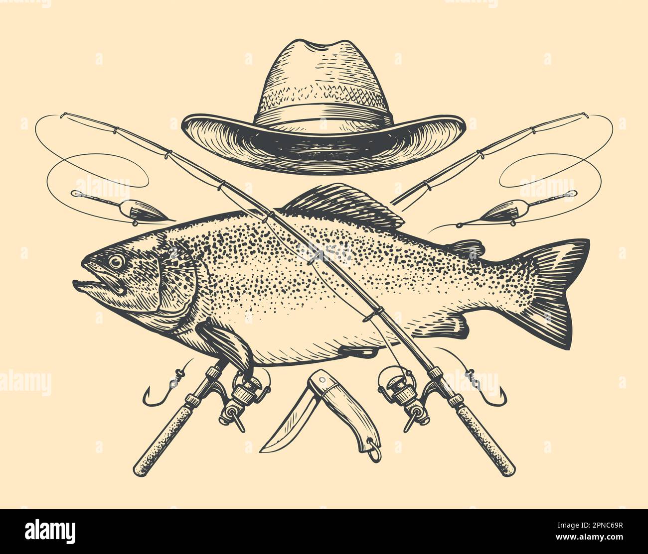 Fishing emblem in vintage engraving style. Fish and rod symbol. Sports recreation, sketch vector illustration Stock Vector