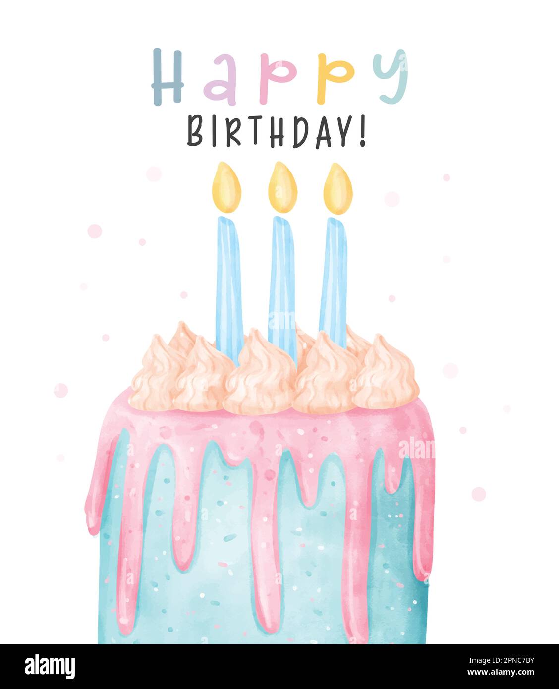 Cute colorful pastel cheerful birthday cake with light blue candles on ...