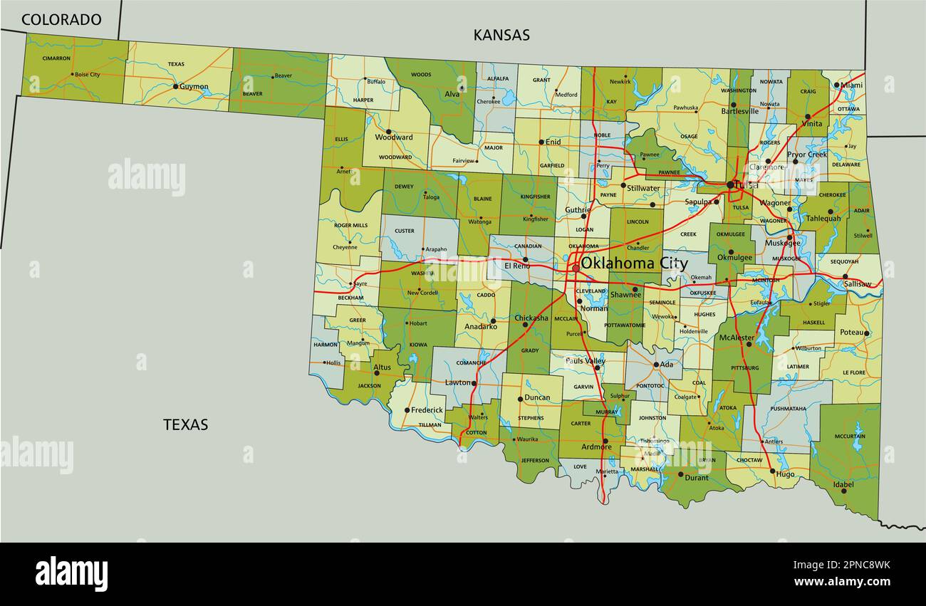 Highly detailed editable political map with separated layers. Oklahoma