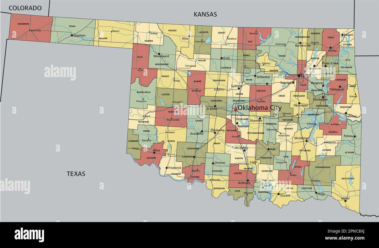 Oklahoma - Highly detailed editable political map with labeling Stock 