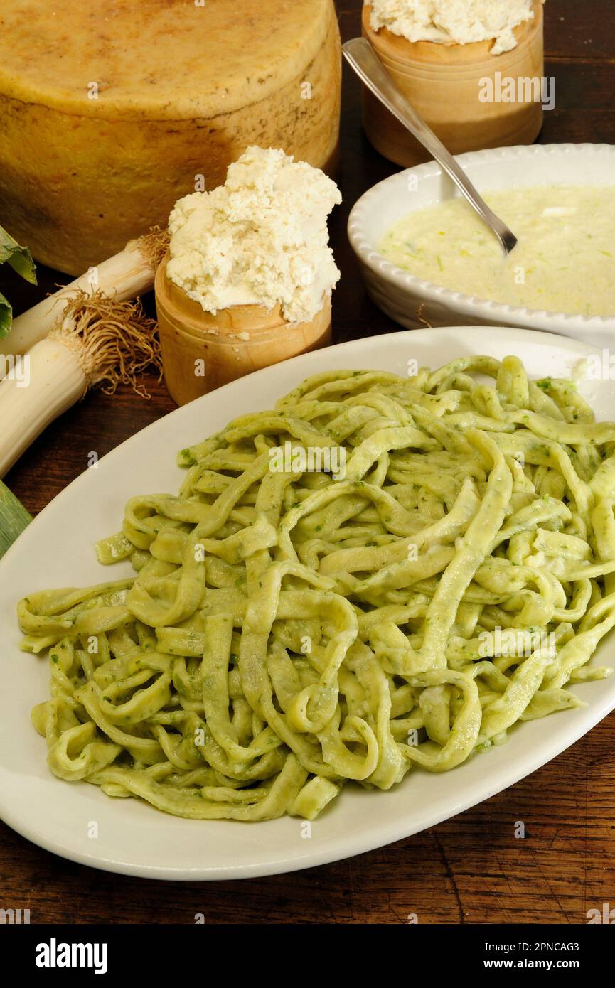 Bastradui, fresh green pasta with leek sauce, typical dishes of the so-called white cuisine of the hinterland of western Liguria; Mendatica; Imperia; Stock Photo