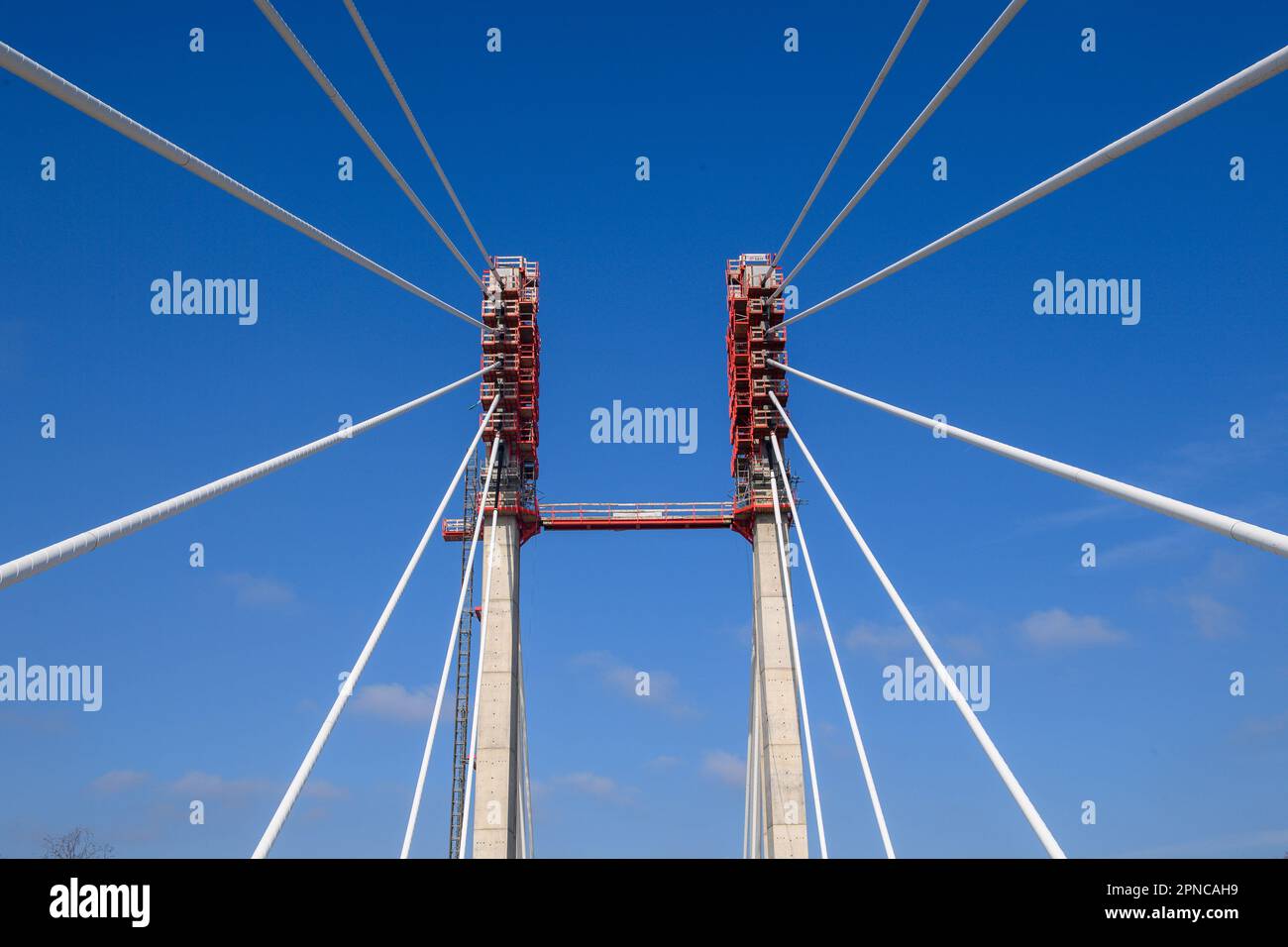 Magdeburg, Germany. 18th Apr, 2023. The pylons of the KaiserOtto