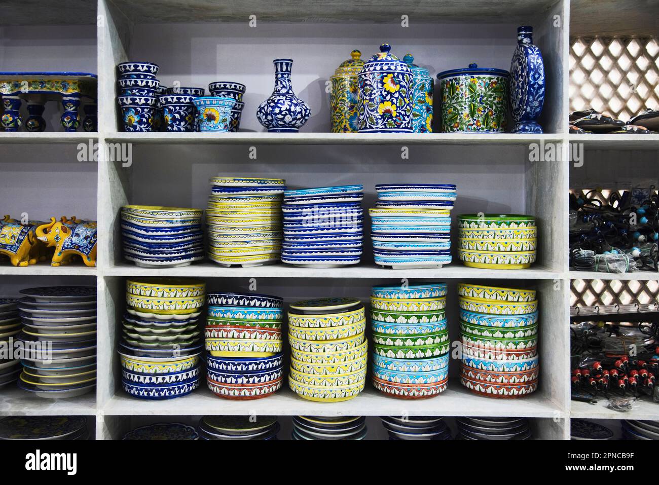Blue pottery items displayed in the showroom, Sanganer, near Jaipur