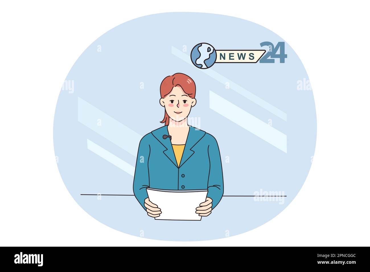 Female journalist doing news reportage in studio. Woman tv presenter or host speak on camera for entertaining show. Journalism and entertainment. Flat vector illustration. Stock Vector