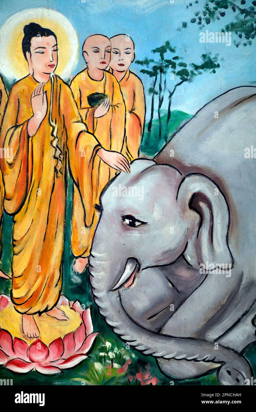 Rong Thanh Temple.   Life of Buddha, Siddhartha Gautama. Taming an Elephant with loving kindness - Nalagiri was the Royal Elephant. Tan Chau. Vietnam. Stock Photo