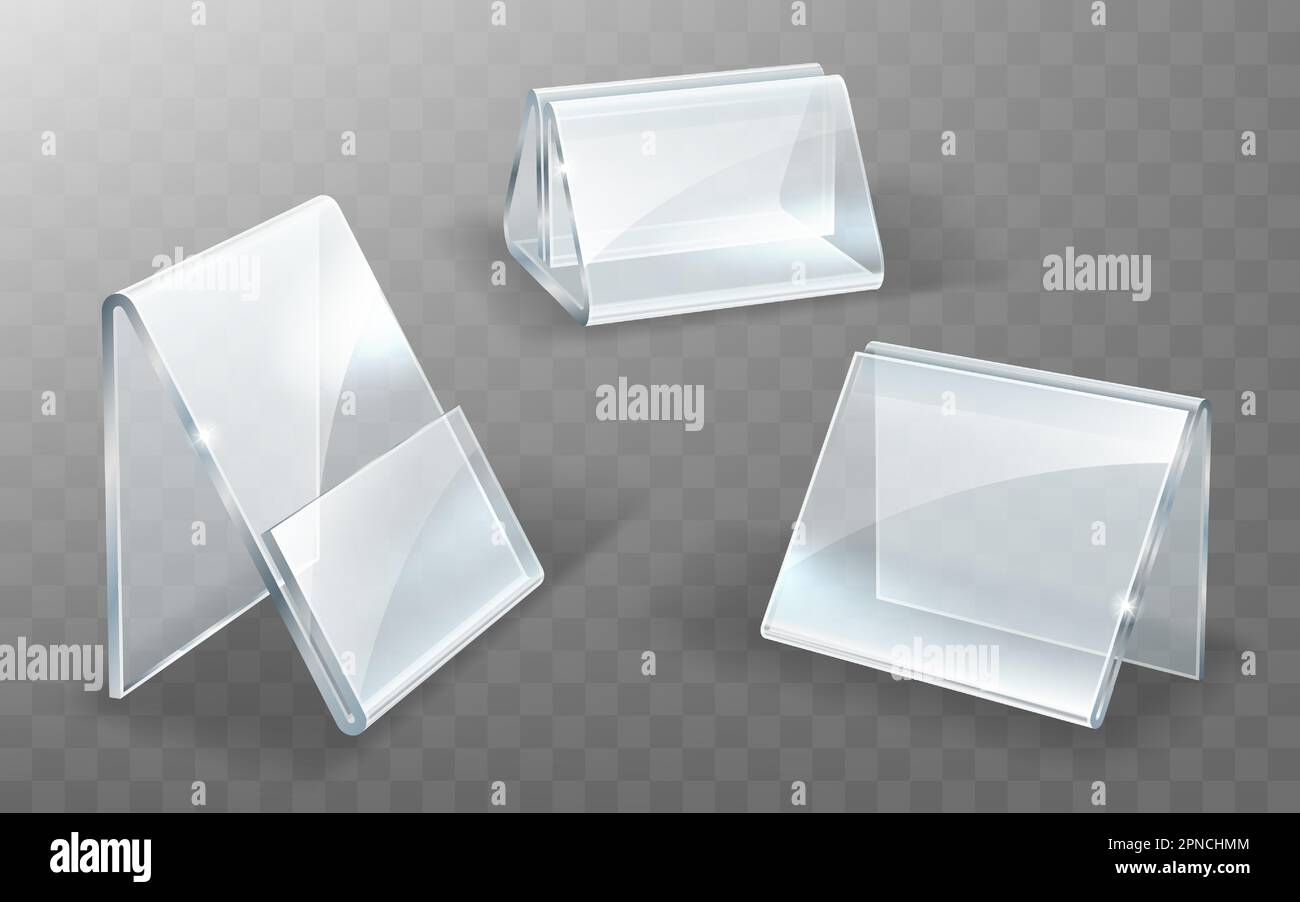 Acrylic holder, glass or plastic display stand for menu or cards, realistic vector illustration. Set of transparent table holders or tent for price isolated on transparent background. Stock Vector