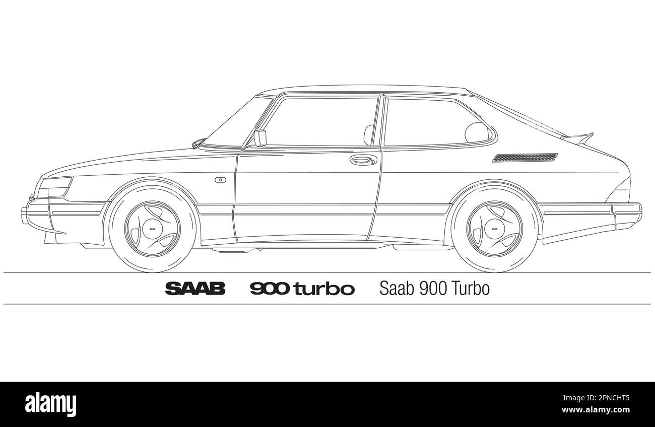Sweden, year 1991, Saab 900 Turbo, vintage swedish car, silhouette illustration outlined on the white background Stock Photo