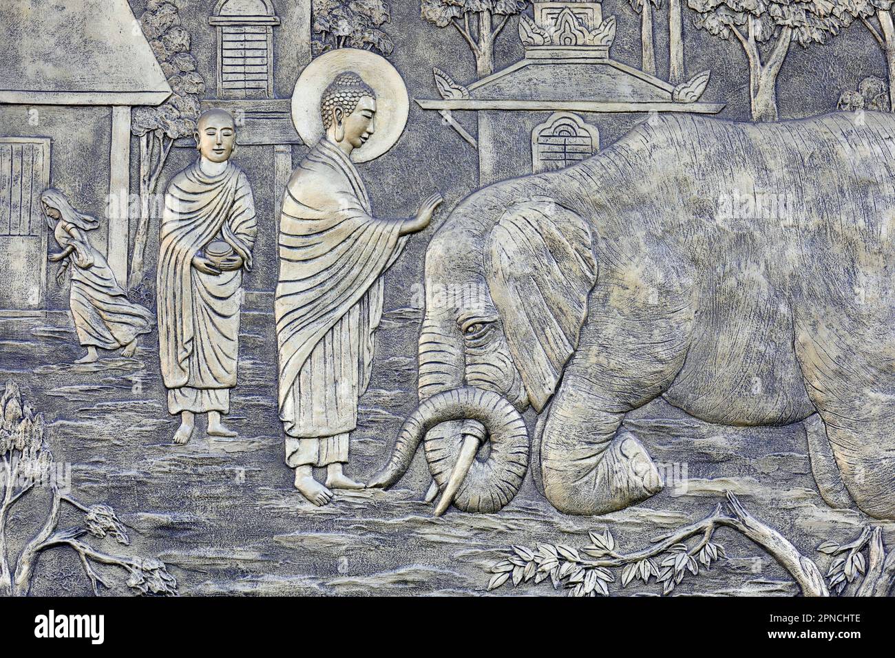 Tinh Xa Ngoc Chau pagoda.  Life of Buddha, Siddhartha Gautama. Taming an Elephant with loving kindness - Nalagiri was the Royal Elephant. Chau Doc. Vi Stock Photo