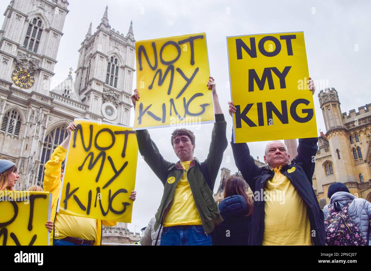 London, UK. 13th March 2023. Anti-monarchy protesters gathered with Not My King signs outside Westminster Abbey as King Charles III and other members of the royal family arrived for the Commonwealth Day Service. Stock Photo