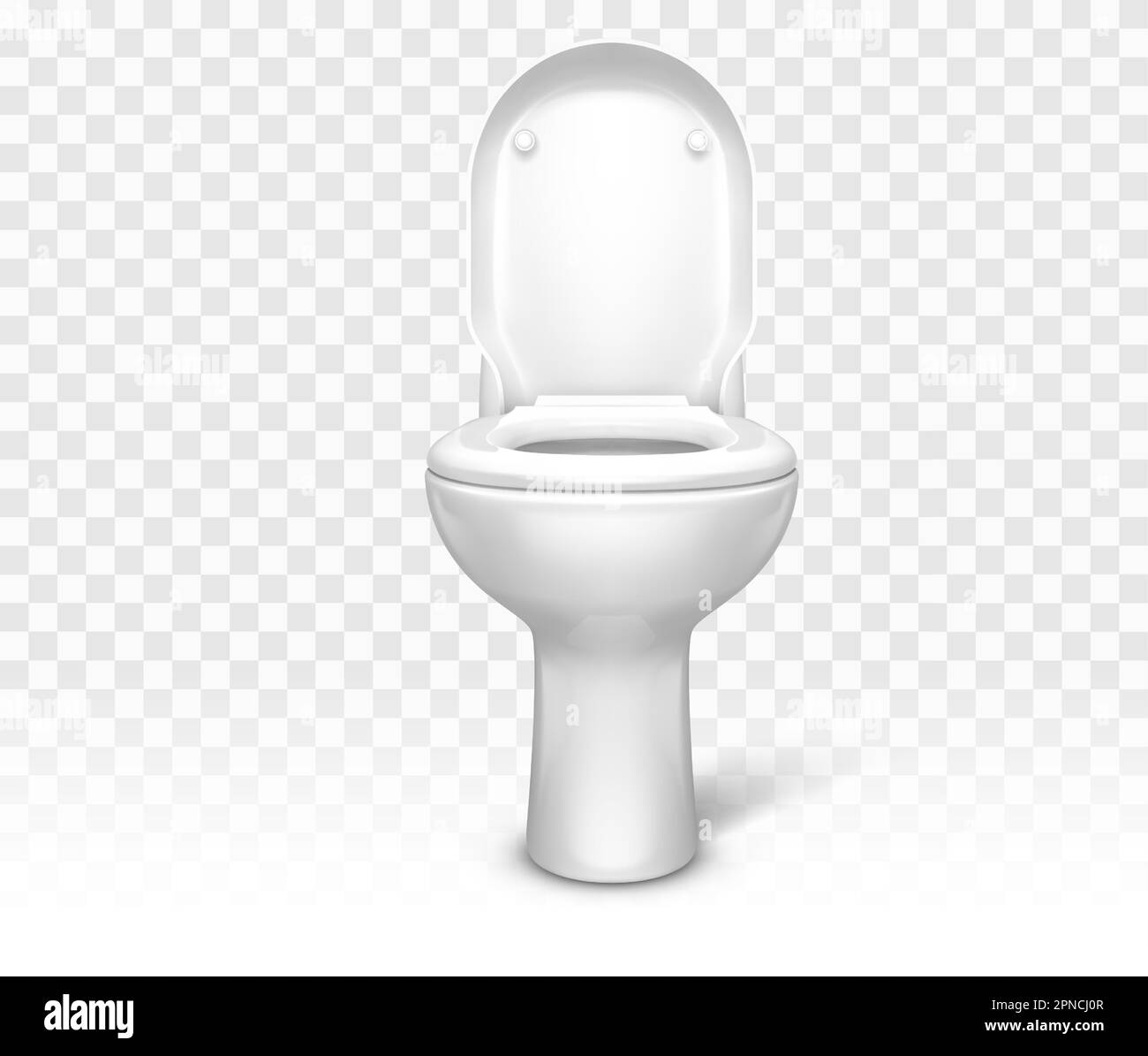 Toilet with seat. White ceramic lavatory bowl with open lid front view