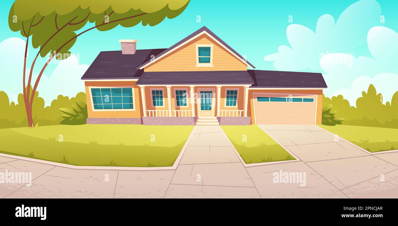 Suburban cottage, residential house with garage. Vector cartoon ...