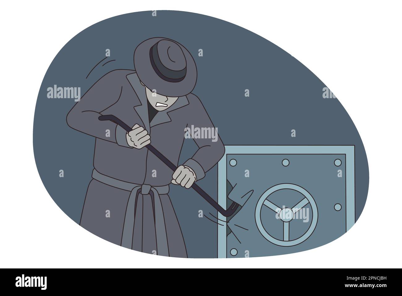 Male criminal break vault for money robbery in office. Man thief or villain rob strongbox with stick. Crime and burglary concept. Finance safety problem. Flat vector illustration. Stock Vector