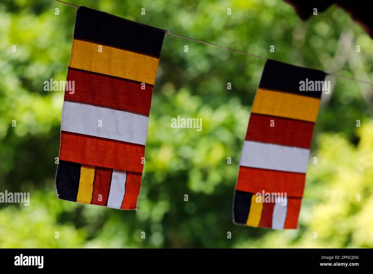 Chua Ho Quoc pagoda. The Buddhist flag is a flag designed in the late