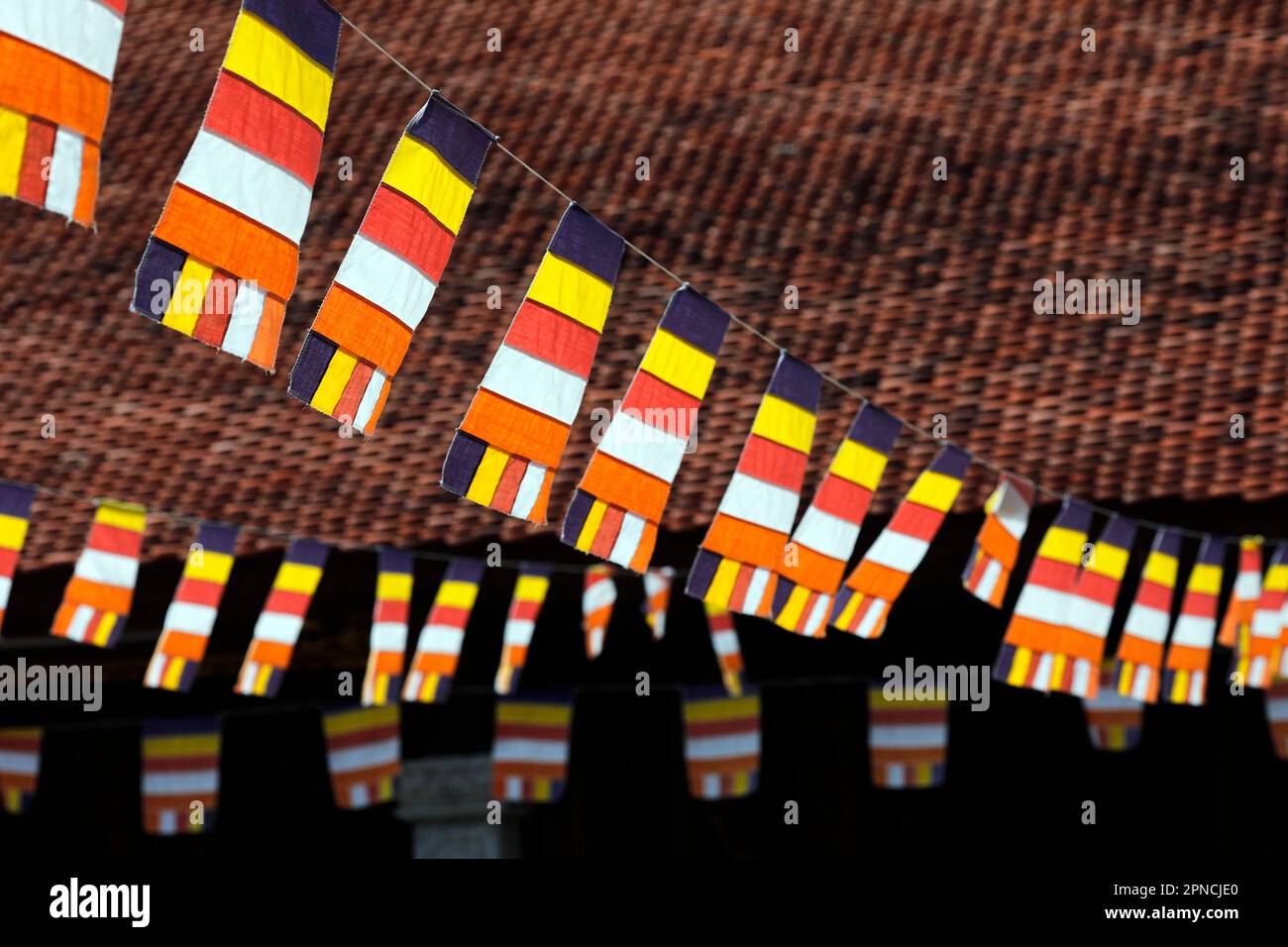 Chua Ho Quoc pagoda. The Buddhist flag is a flag designed in the late