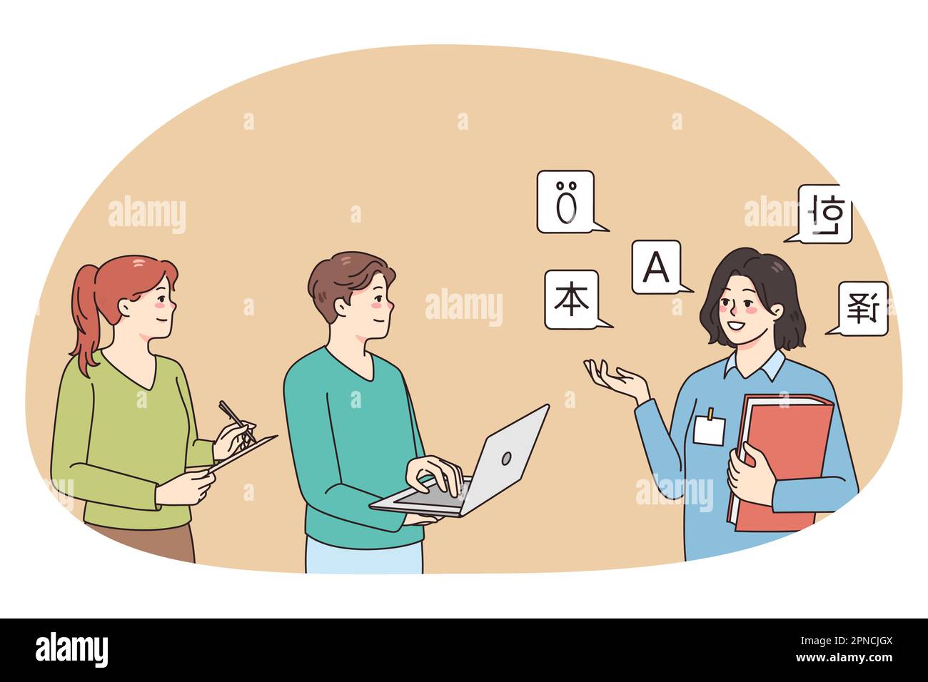 Female teacher or tutor of foreign languages held lesson for diverse