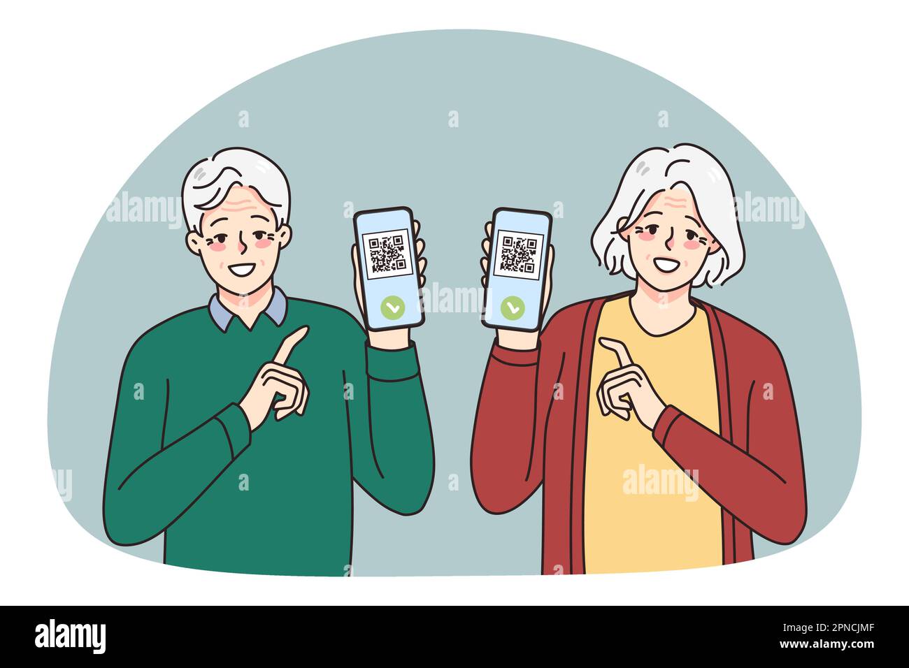 Smiling old man and woman show digital qr codes vaccination ...