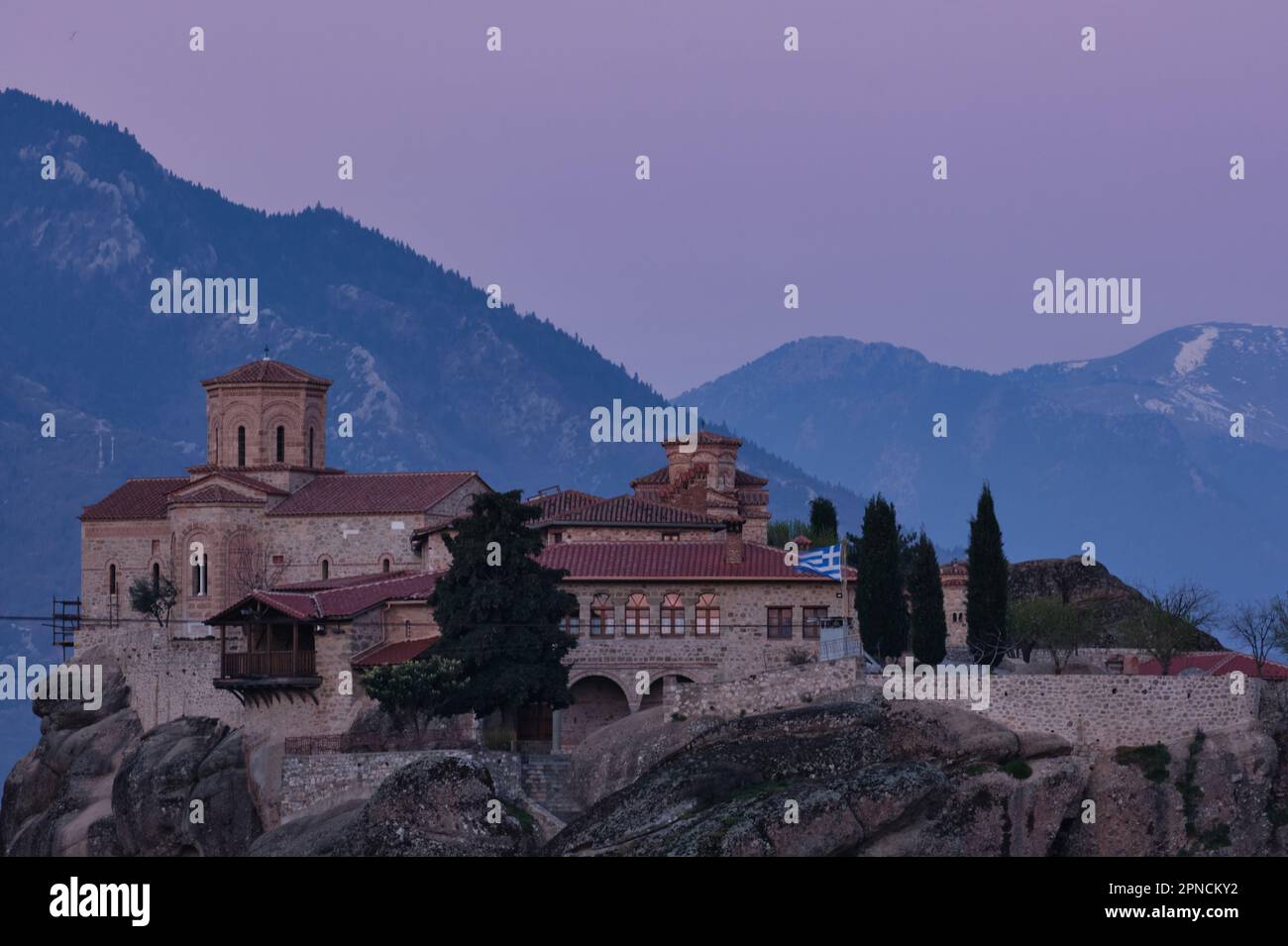 View of the Monastery of Holy Trinity, Meteora at sunrise in Spring Stock Photo