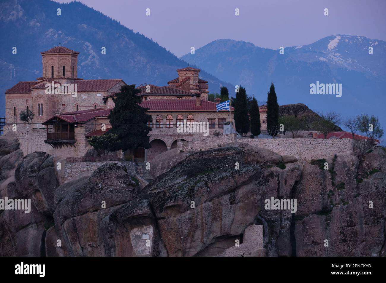 View of the Monastery of Holy Trinity, Meteora at sunrise in Spring Stock Photo