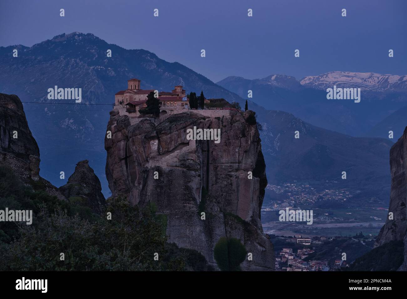 View of the Monastery of Holy Trinity, Meteora at sunrise in Spring Stock Photo