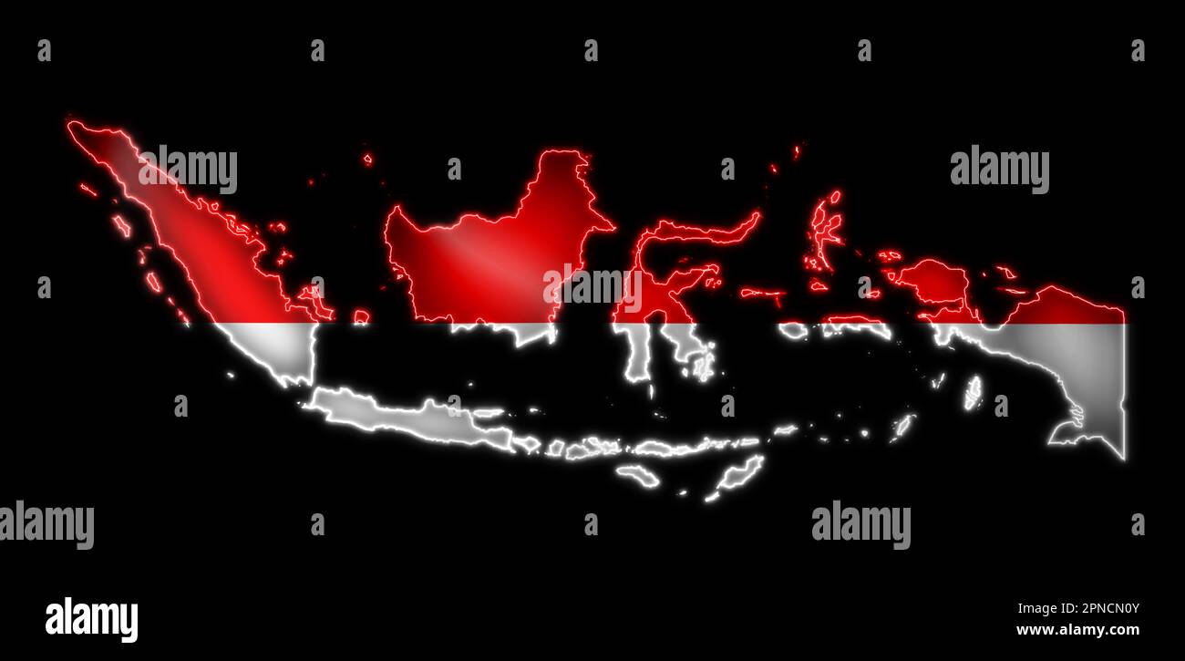indonesia map with glow flag colour red and white Stock Photo