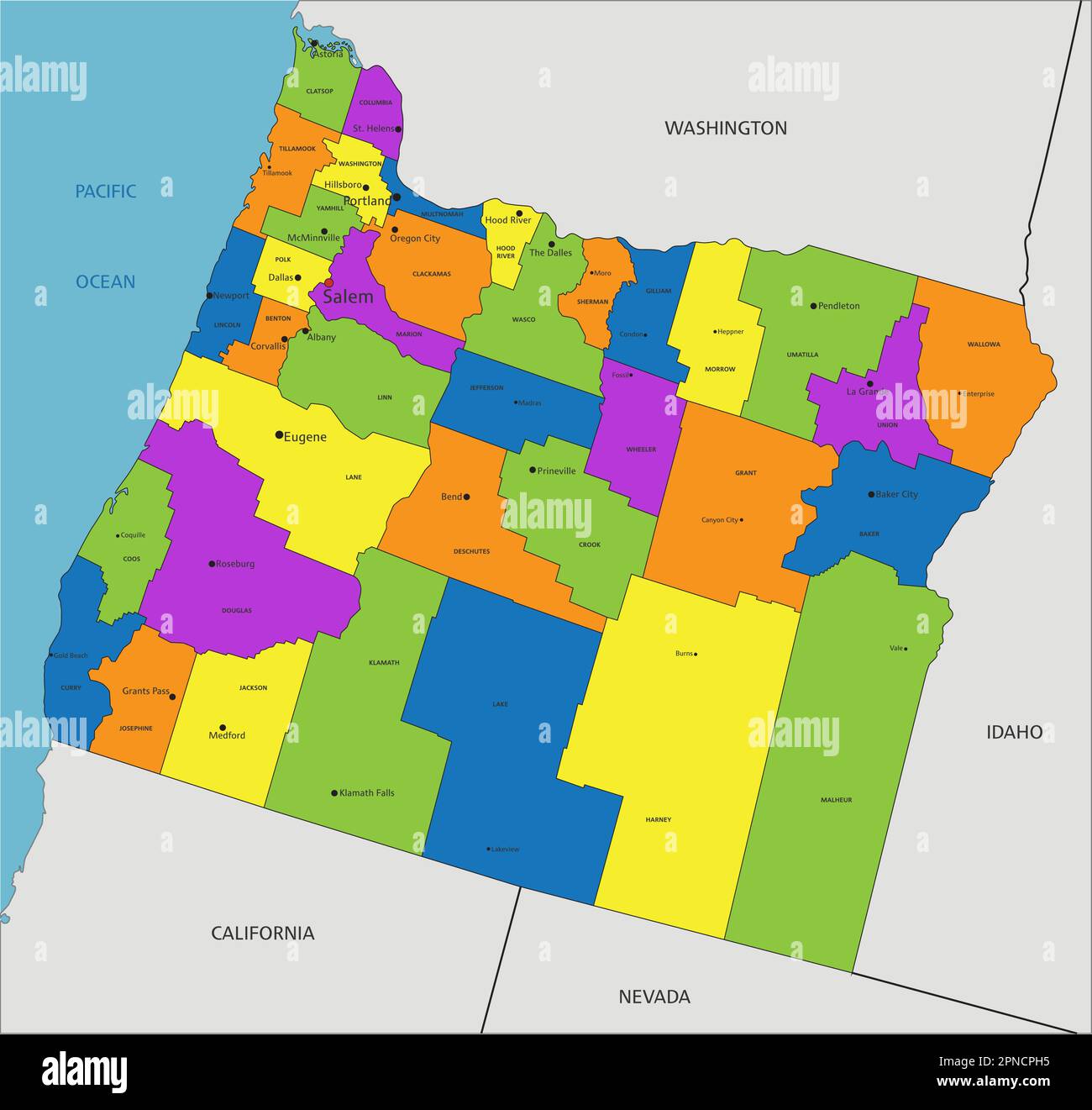 Colorful Oregon political map with clearly labeled, separated layers