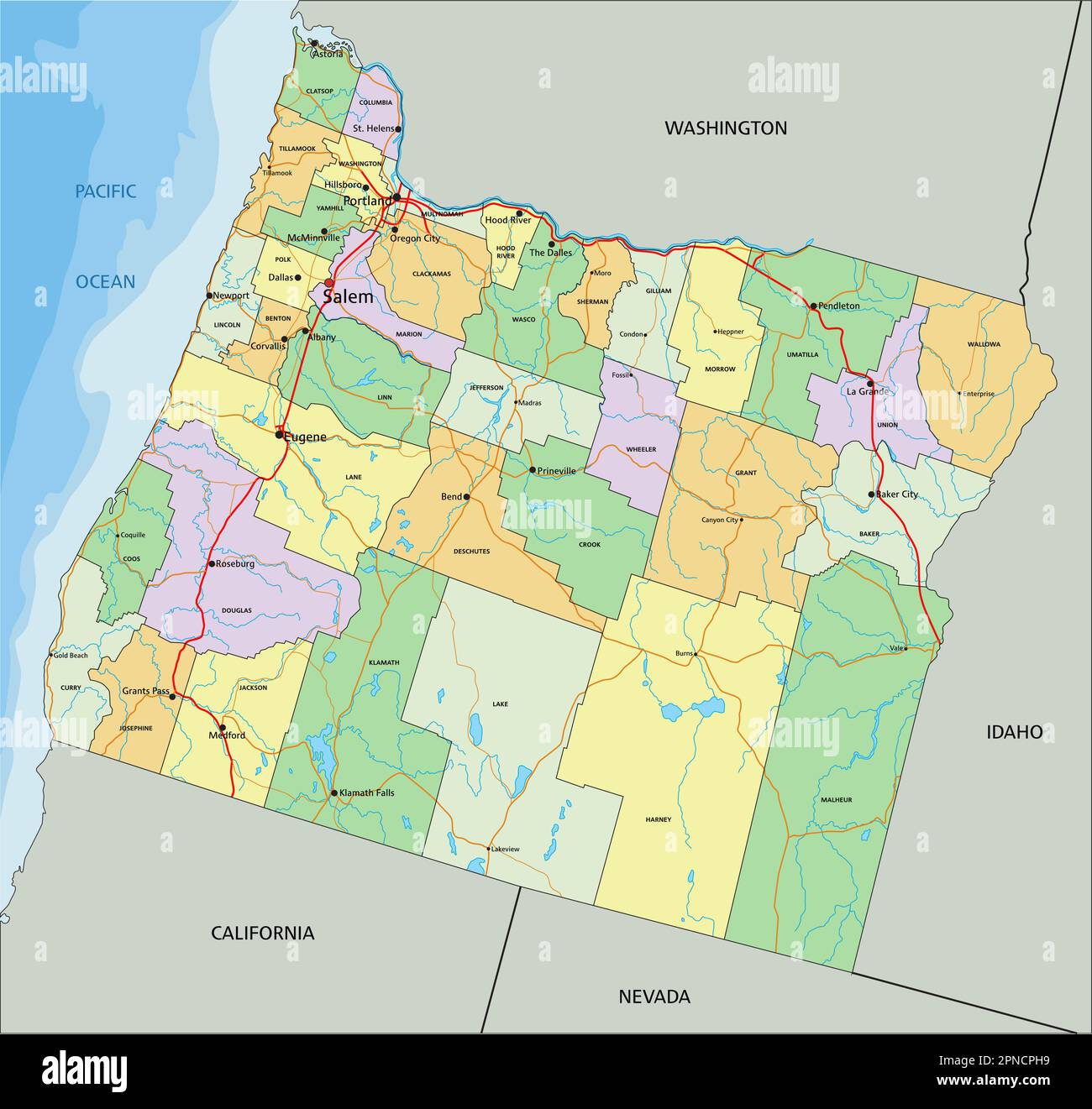 Oregon Highly detailed editable political map with labeling Stock