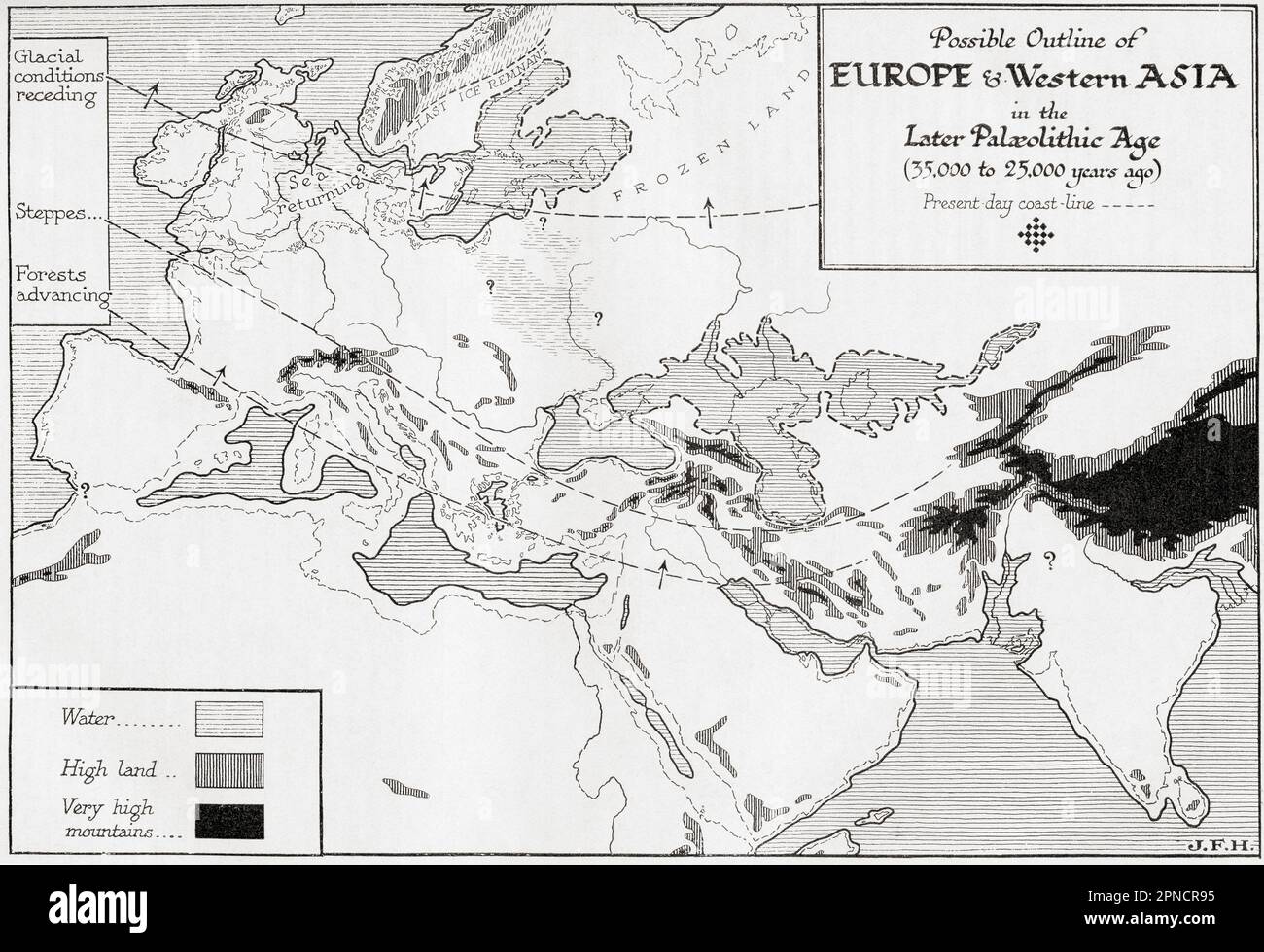 Map showing the possible outline of Europe and Western Asia in the Later Palaeolithic Age, showing the glacial conditions receding, the Steppes and the advance of forests.  From the book Outline of History by H.G. Wells, published 1920. Stock Photo