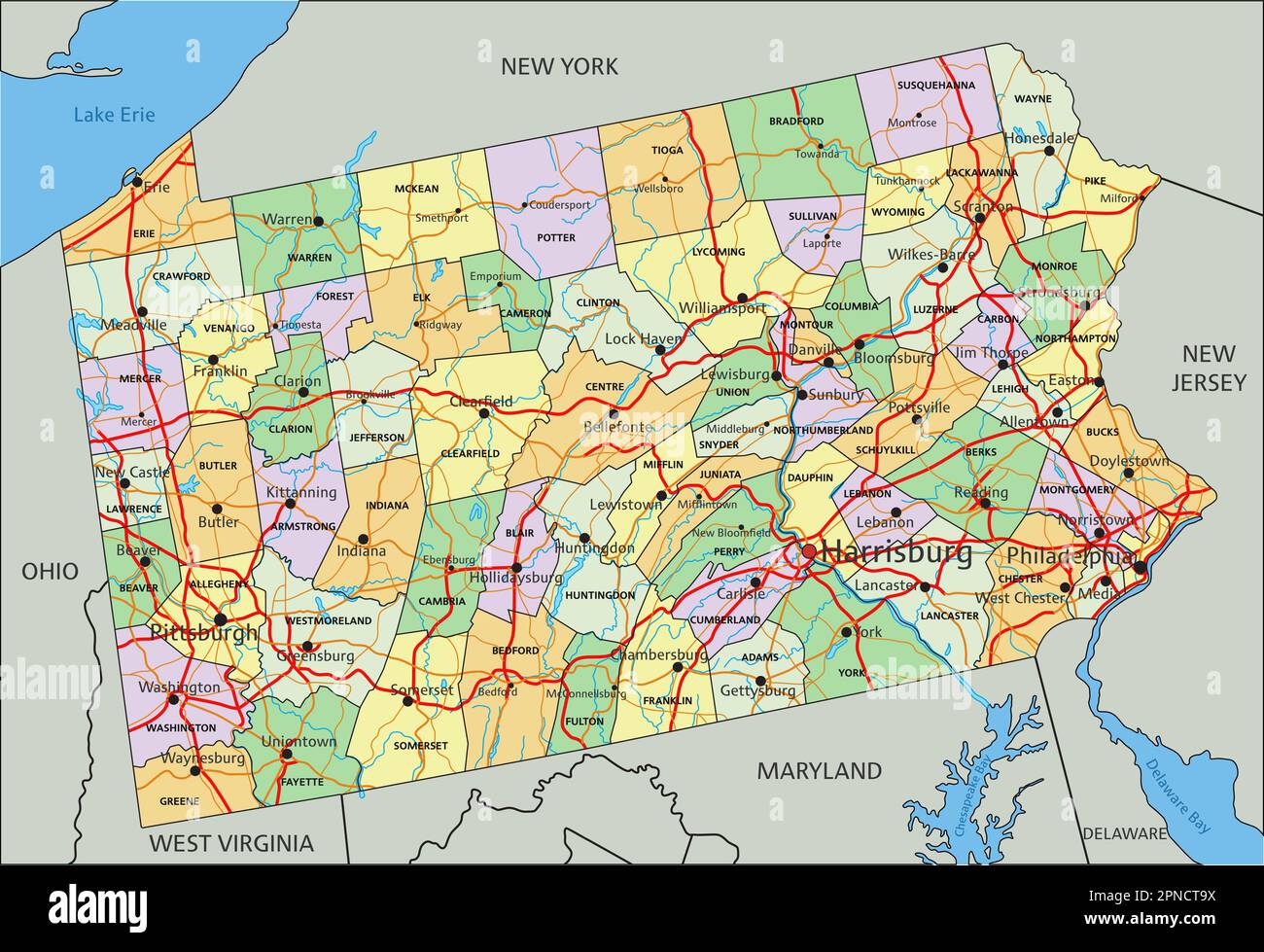 Pennsylvania Highly Detailed Editable Political Map With Labeling Pennsylvania Highly Detailed Editable Political Map With Labeling 2PNCT9X