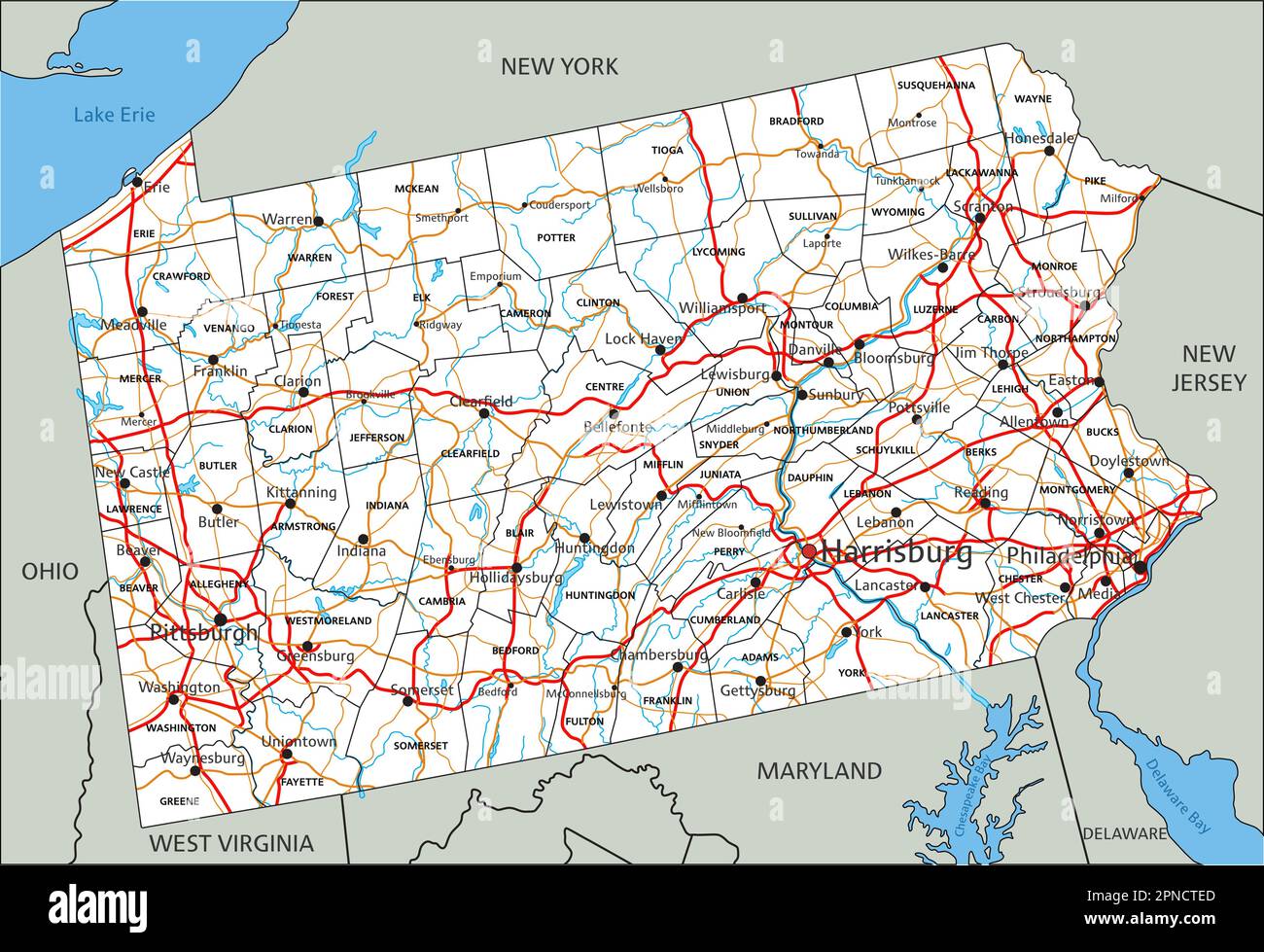 High Detailed Pennsylvania Road Map With Labeling 2PNCTED 