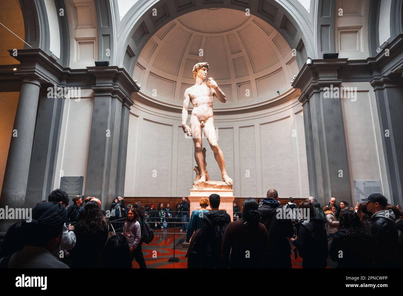 A beautiful shot of a crowd of people around the David statue in