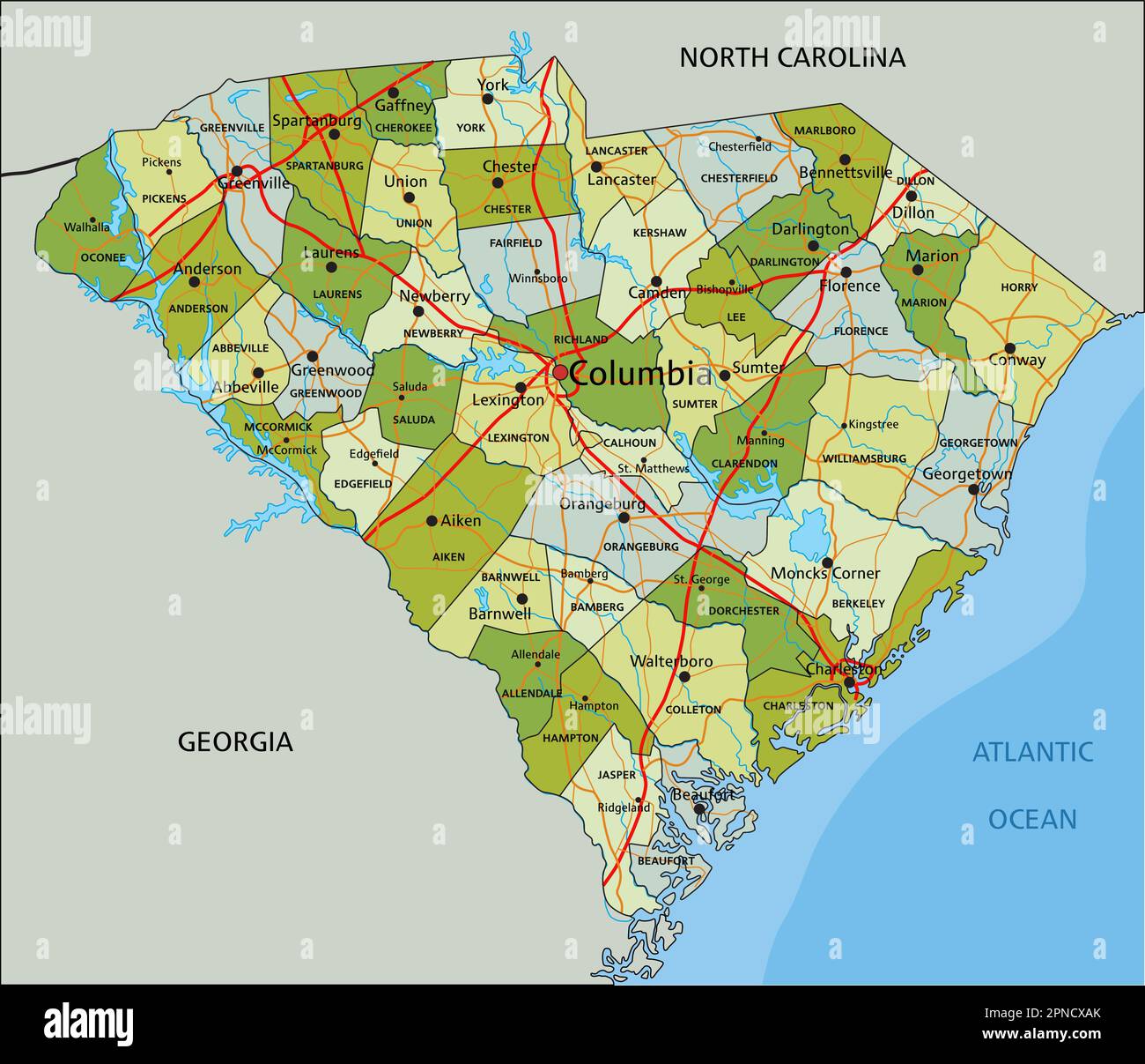 Highly Detailed Editable Political Map With Separated Layers South Carolina Stock Vector Image