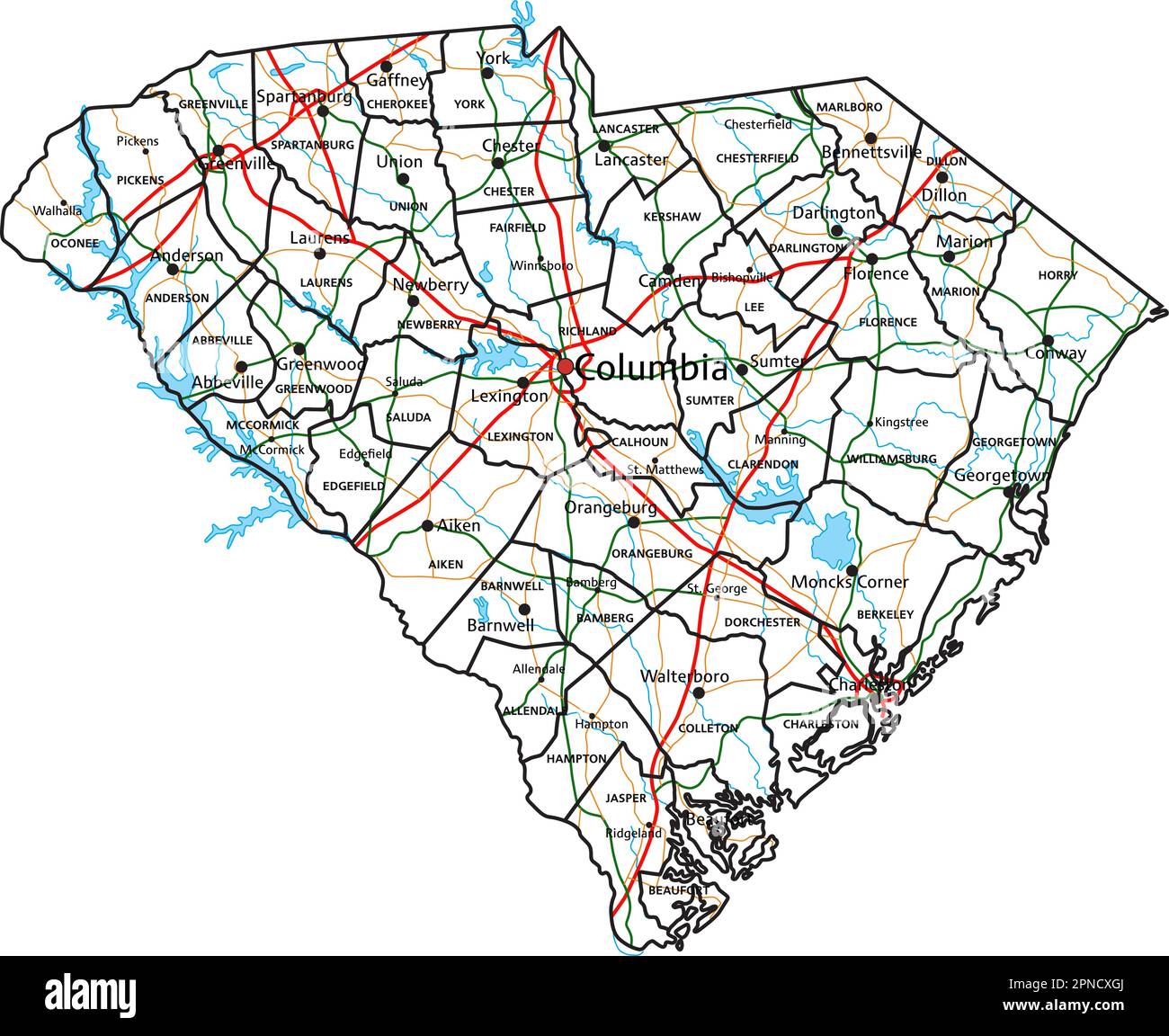 South Carolina road and highway map. Vector illustration Stock Vector