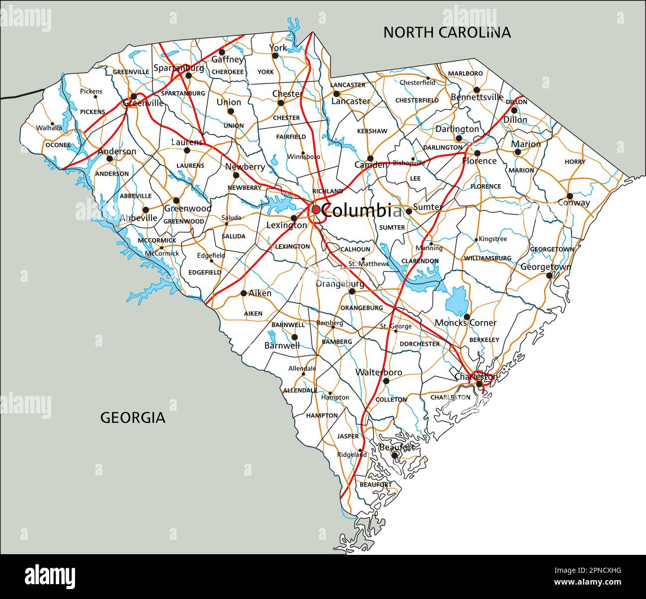 High detailed south carolina road map with labeling stock vector image