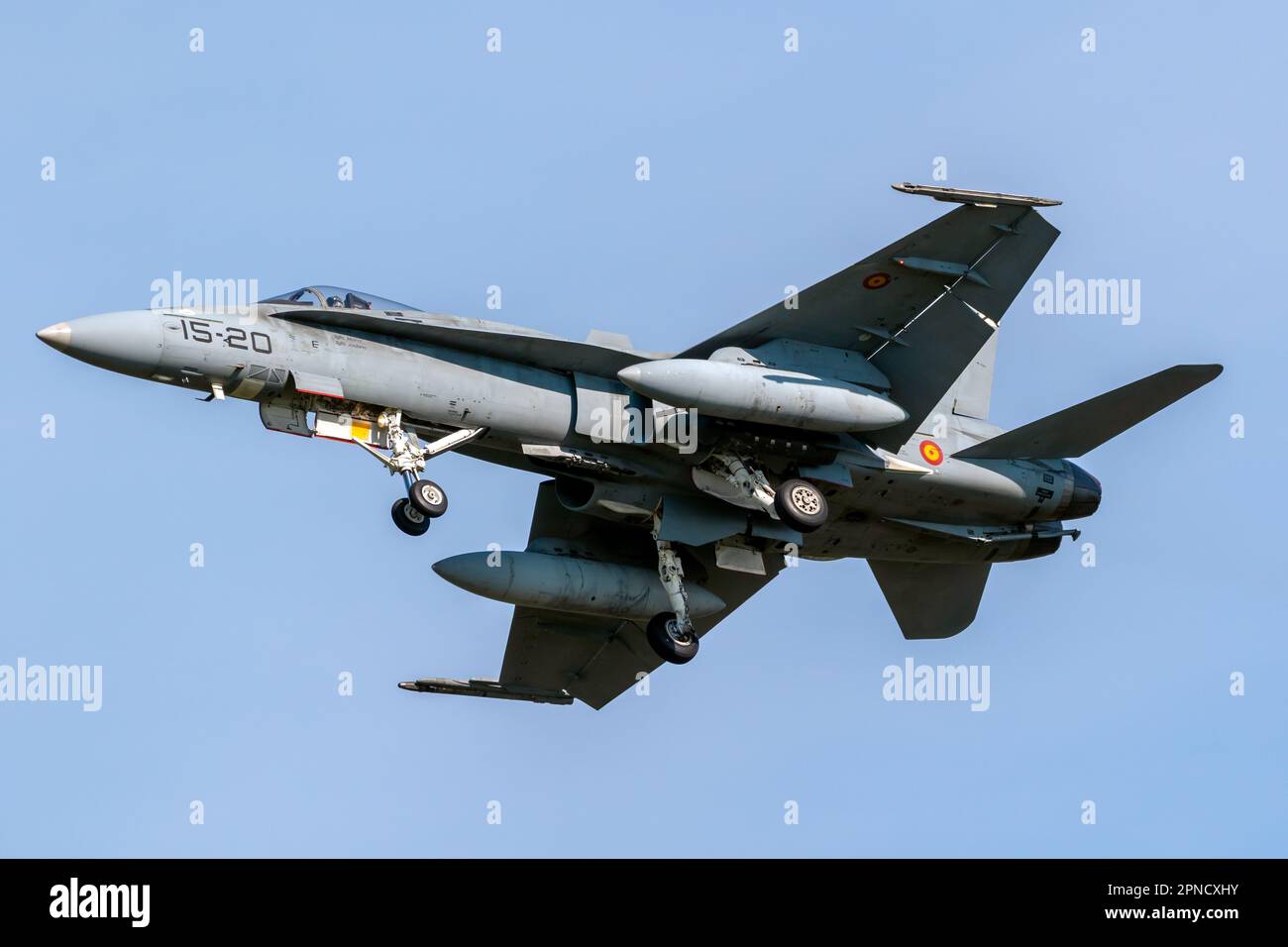 Spanish Air Force Boeing F/A-18 Hornet fighter jet aircraft arriving at Leeuwarden Air Base. Leeuwarden, The Netherlands - April 19, 2018 Stock Photo