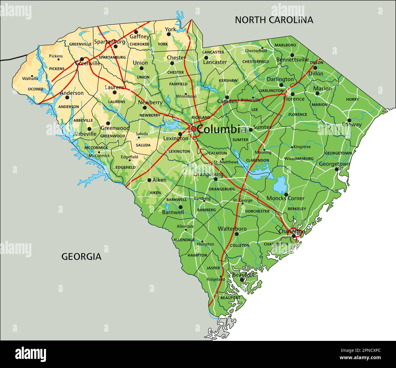 High Detailed South Carolina Physical Map With Labeling Stock Vector High Detailed South Carolina Physical Map With Labeling 2PNCXPC