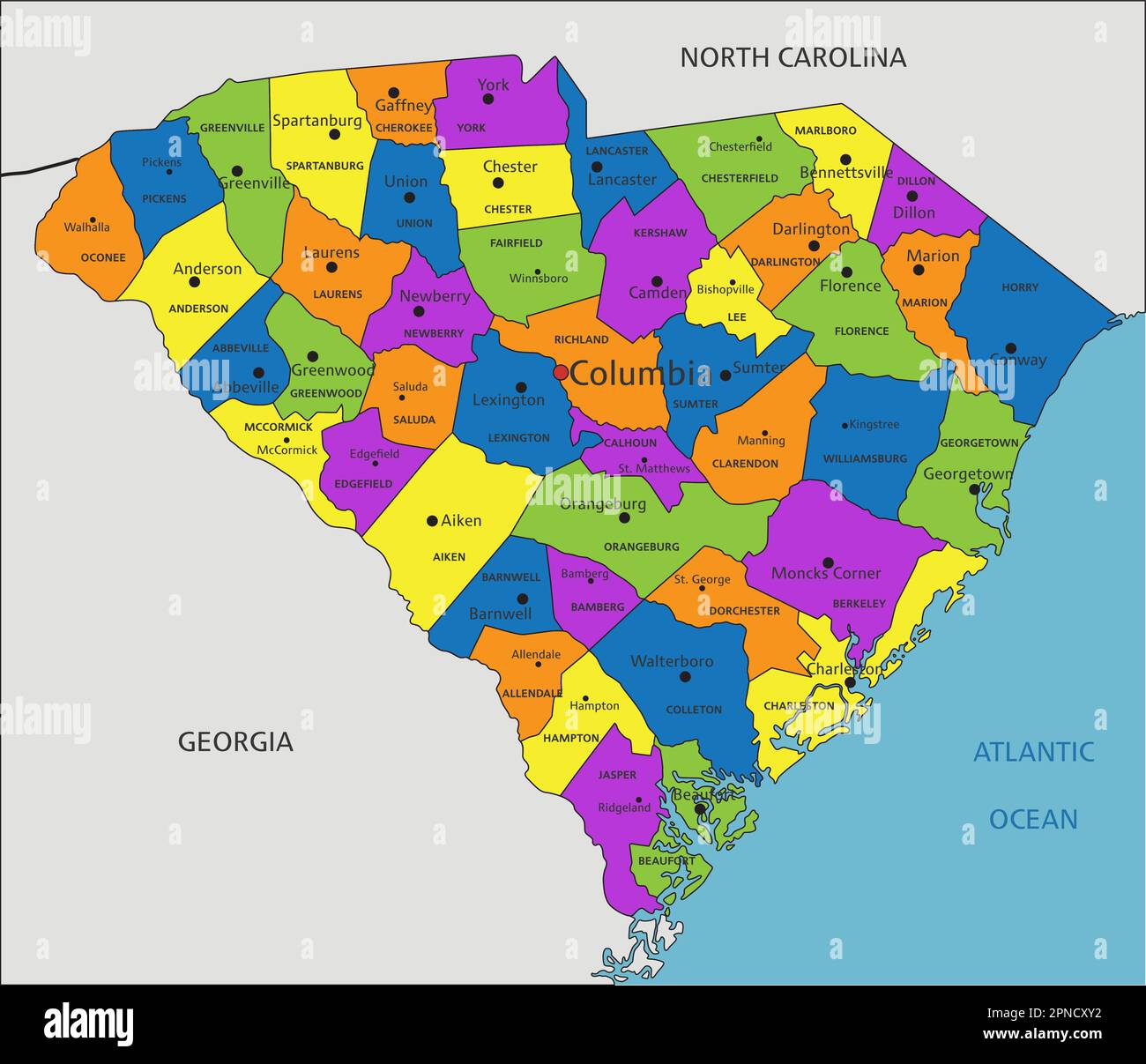 Colorful South Carolina political map with clearly labeled, separated layers. Vector illustration. Stock Vector