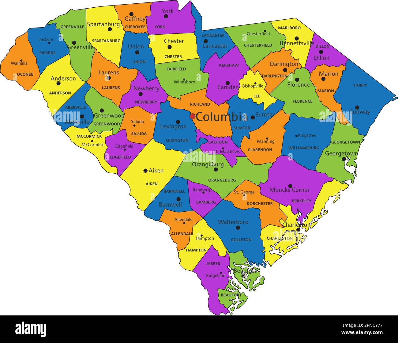 Colorful South Carolina political map with clearly labeled, separated layers. Vector illustration. Stock Vector