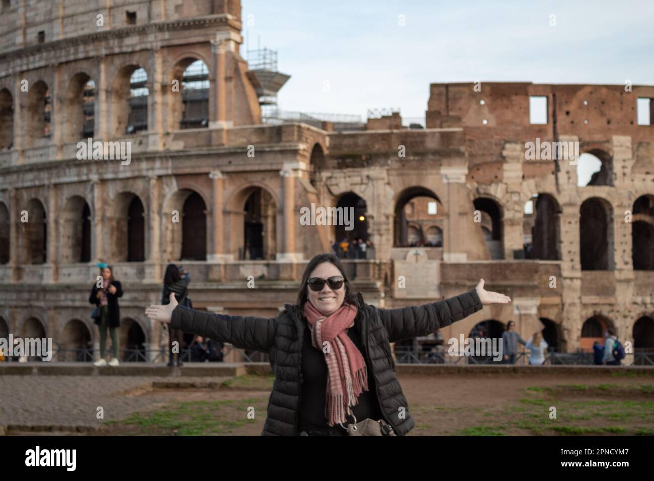 Ageing better and together over 50. Traveling together in Italy, visiting the Coliseum in Rome. Celebrating 25 years of marriage, Silver Wedding. Stock Photo